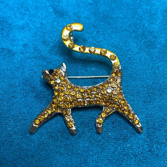 Jewelry - Orange Rhinestone Kitty Cat Brooch